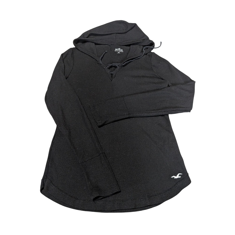 Hollister Hoodie Womens Small Black Waffle Knit Lace Up V-Neck Thermal Ribbed